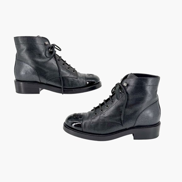 Chanel Black Glitter Leather CC Cap Toe Combat Boots Size 39 US 8–8.5 Women's - Picture 8 of 15